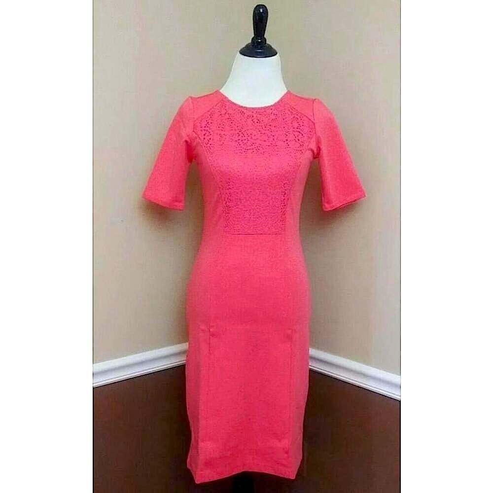 Coral Pink Midi Dress with Half Sleeves & Lace Form Fit DE Collection Barbiecore